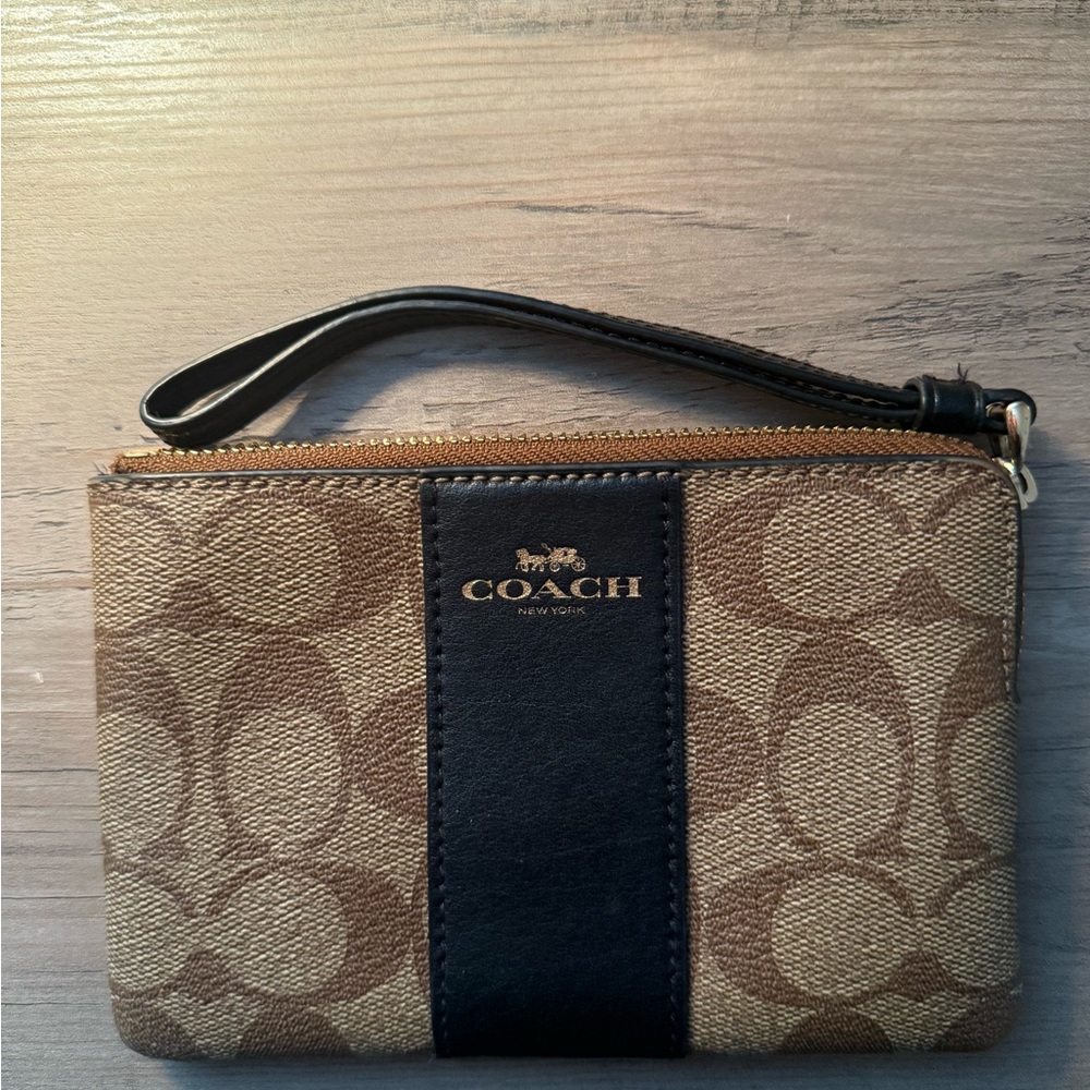 Coach Tan and Black Signature Wristlet